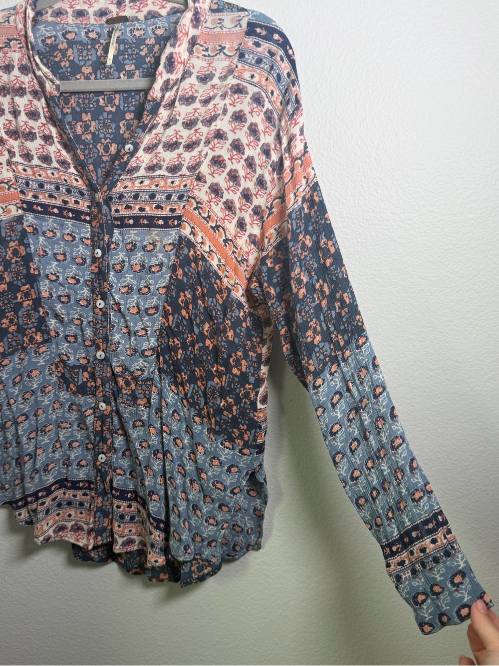 Free People Patterned Button-Front Colorblock Patchwork Boho Top Size S - Picture 8 of 14